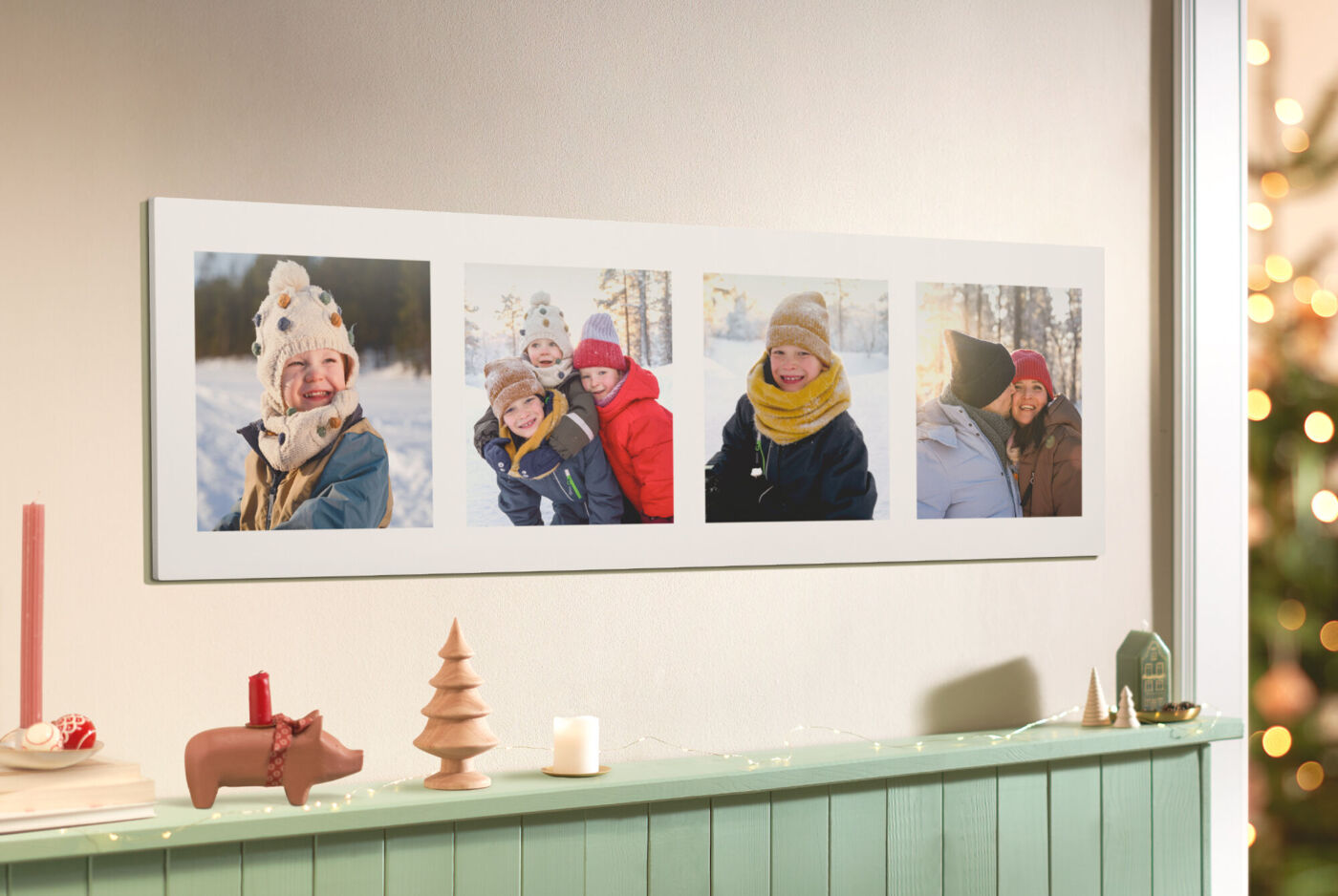 Eine Fotoleiste mit Bildern von fröhlichen Kindern und Erwachsenen in winterlicher Kulisse.