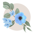 Blaue Blüten mit grünen Blättern auf hellem Hintergrund