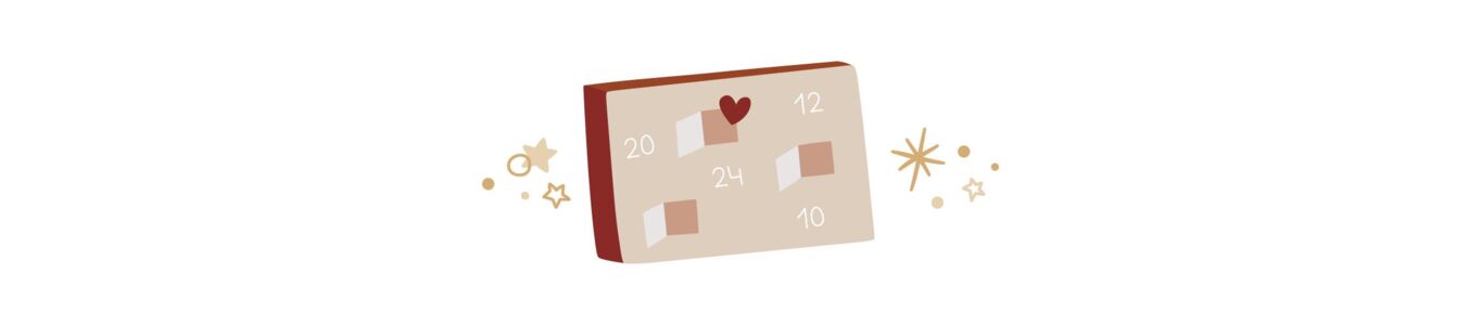  Illustration eines Adventskalenders mit drei geöffneten Türchen, umgeben von goldenen Kreisen und Sternen. 