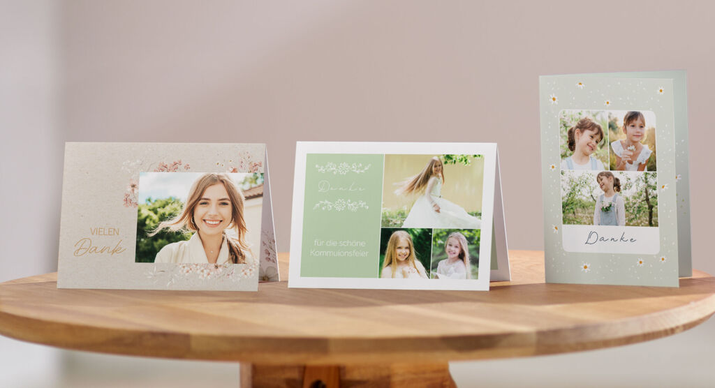 Drei Dankeskarten zur Kommunion mit Blumen-Design und Collagen