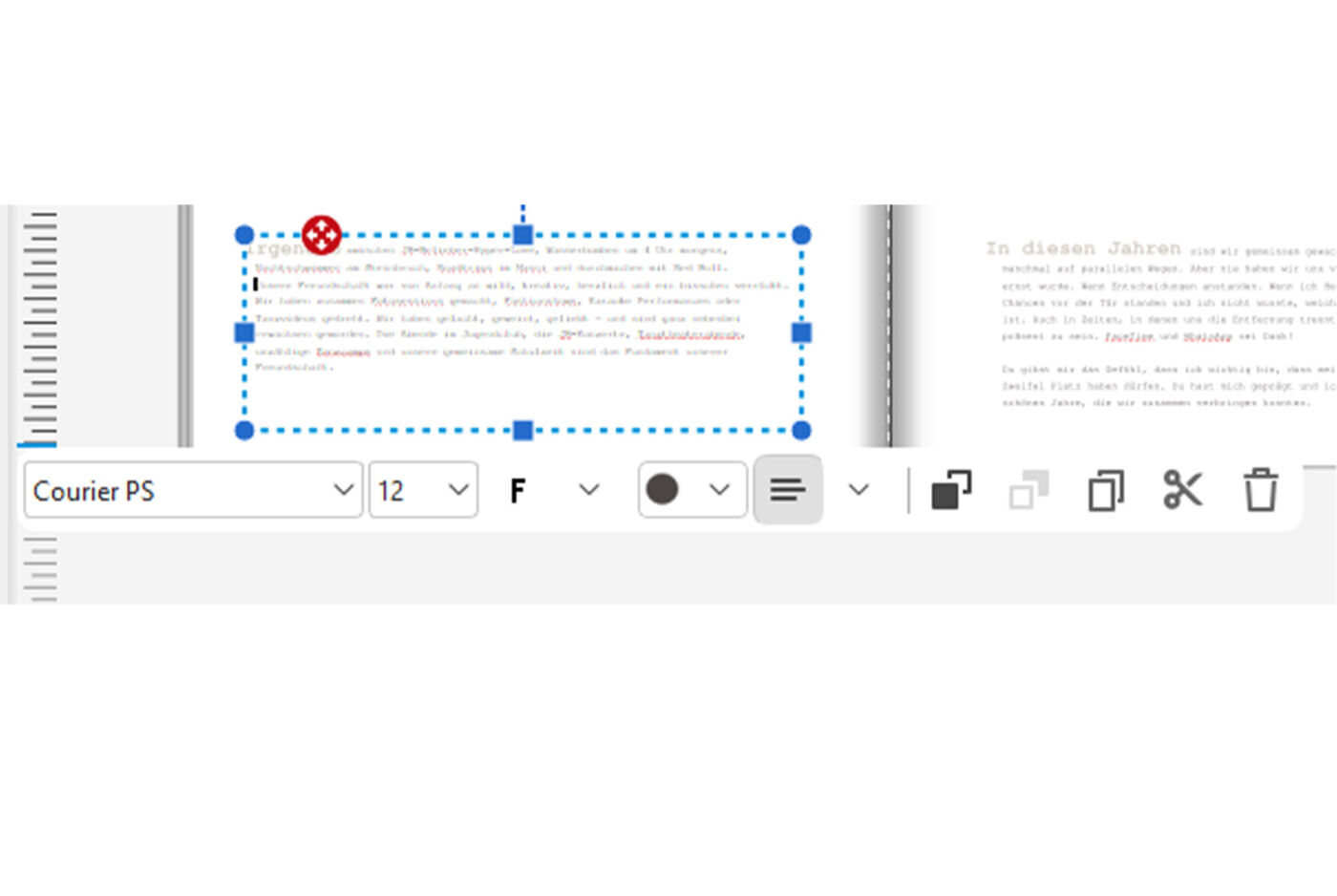 CEWE Gestaltungsprogramm mit markiertem Textfeld und Werkzeugleiste für Schrift, Farbe und Textausrichtung.