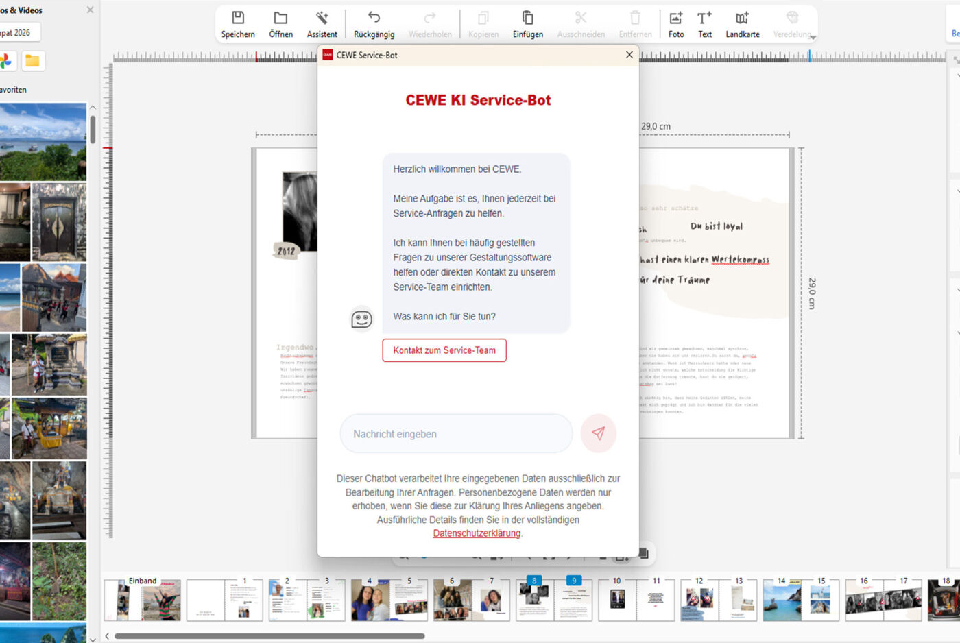 Screenshot des CEWE Gestaltungsprogramms mit geöffnetem Service-Bot und einer Schaltfläche für Fragen zur Gestaltung.