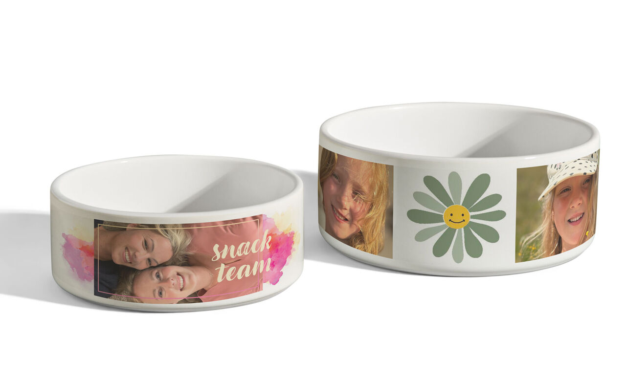 Zwei Foto-Snackschalen in verschiedenen Größen mit Fotos und buntem Design gestaltet