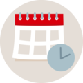 Ein roter Wandkalender mit runden Ringen und einer Uhr daneben