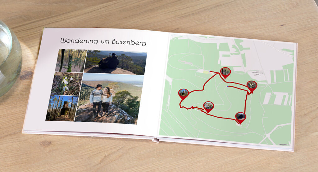 Ein CEWE FOTOBUCH zeigt eine Wanderung um Busenberg mit Bildern und einer Karte.