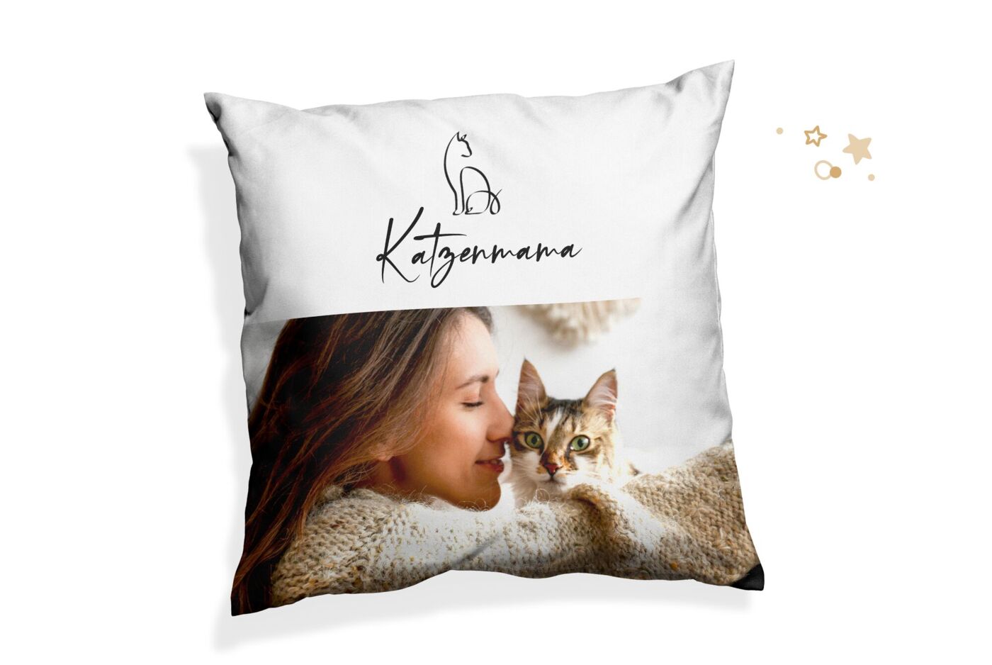 "Weißes Foto-Kissen mit Katzenfoto, dem Schriftzug „Katzenmama“ und einer gezeichneten Katze.