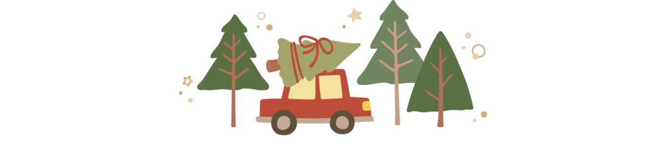  Illustration eines roten Autos mit einem Weihnachtsbaum auf dem Dach, umgeben von Tannenbäumen. 