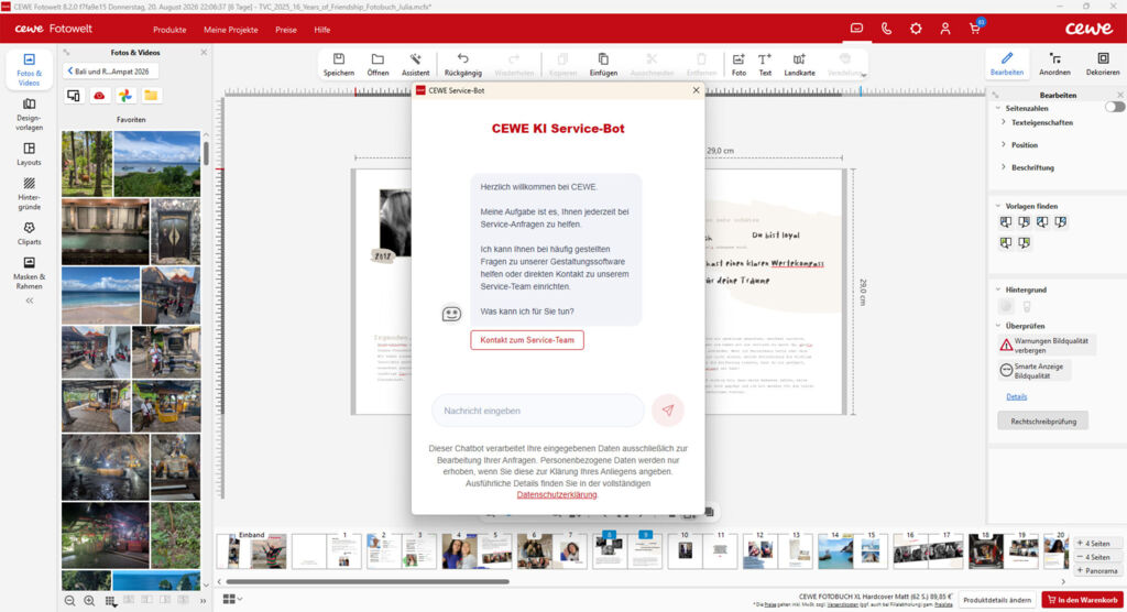 Screenshot des CEWE Fotowelt-Programms mit KI-Service-Bot.
