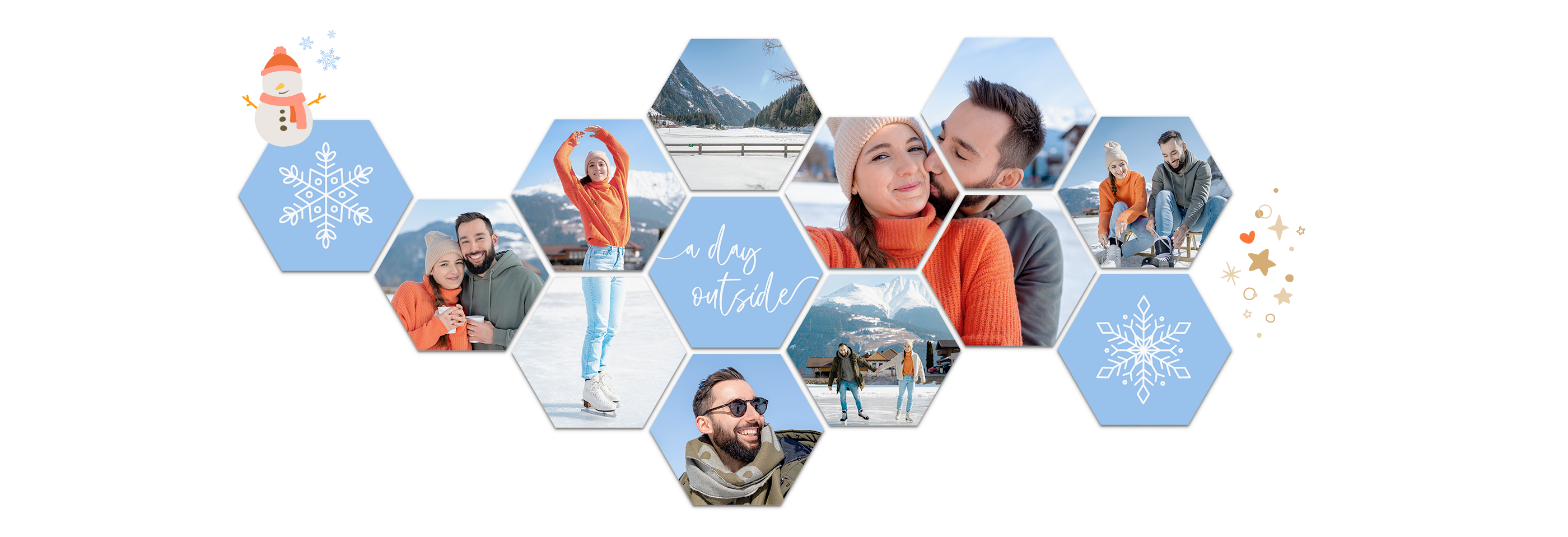 Hexxas mit einer Collage mit winterlichen Erinnerungen: Menschen im Schnee, fröhliche Gesichter und gemeinsame Erlebnisse.