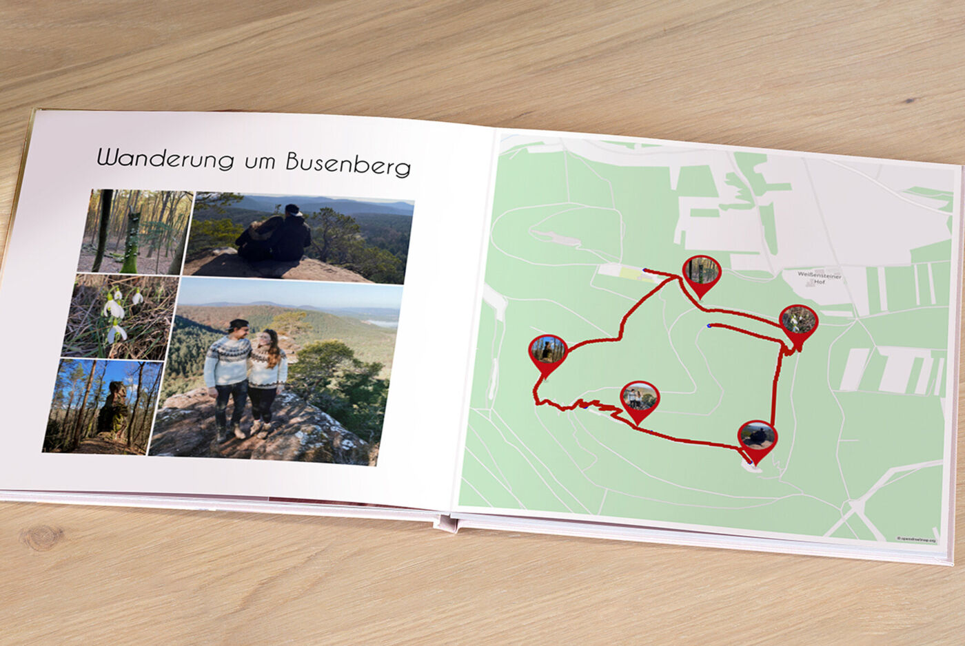 "CEWE FOTOBUCH mit Wanderfotos und roter Route auf einer Karte zum Busenberg. "