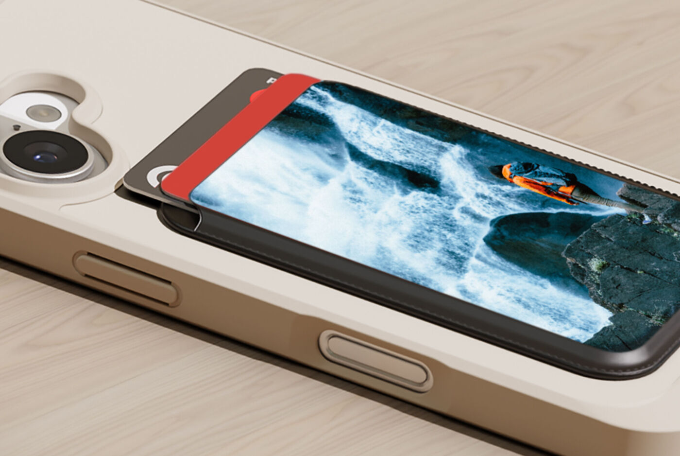 Smartphone mit personalisiertem Cardholder mit Foto einer Person vor einem Wasserfall.