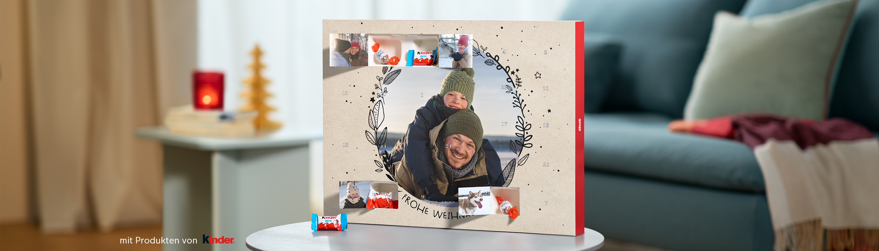 Foto-Adventskalender von CEWE mit winterlichem Fotomotiv und kinder® Schokolade auf einem Tisch