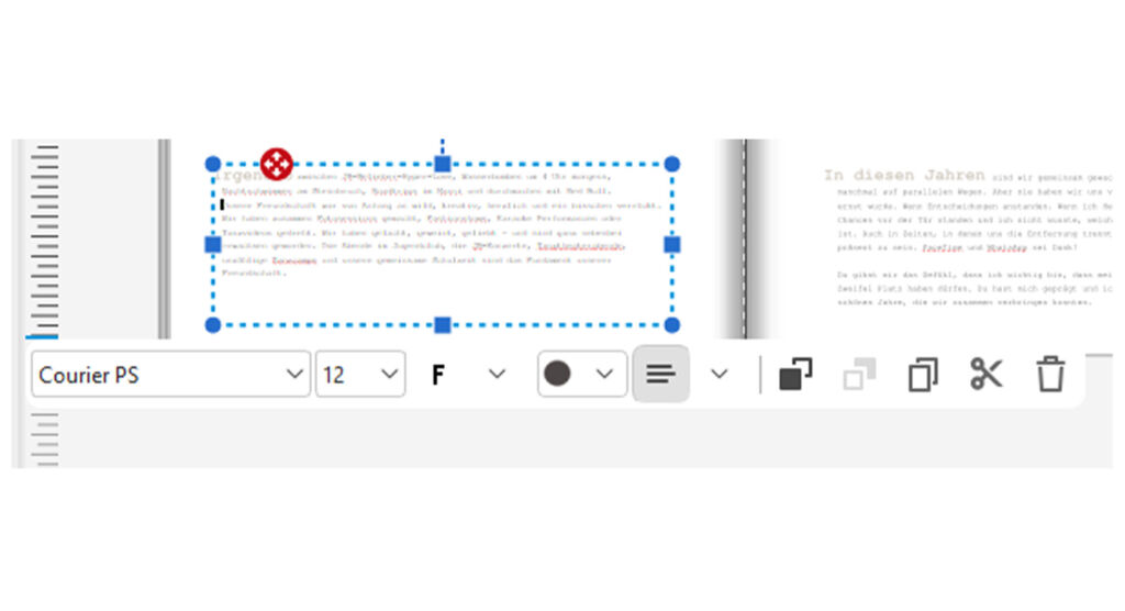 Screenshot eines digitalen Layouts mit Textbearbeitungsfunktionen.