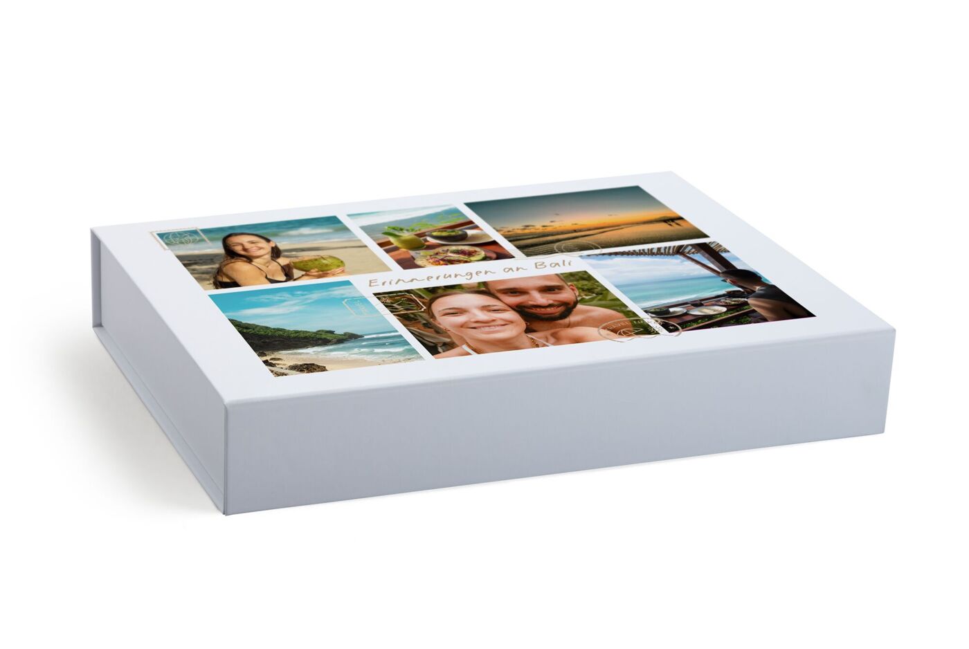 Weiße Erinnerungsbox mit Fotocollage aus Reisefotos und dem Text „Erinnerungen an Bali.