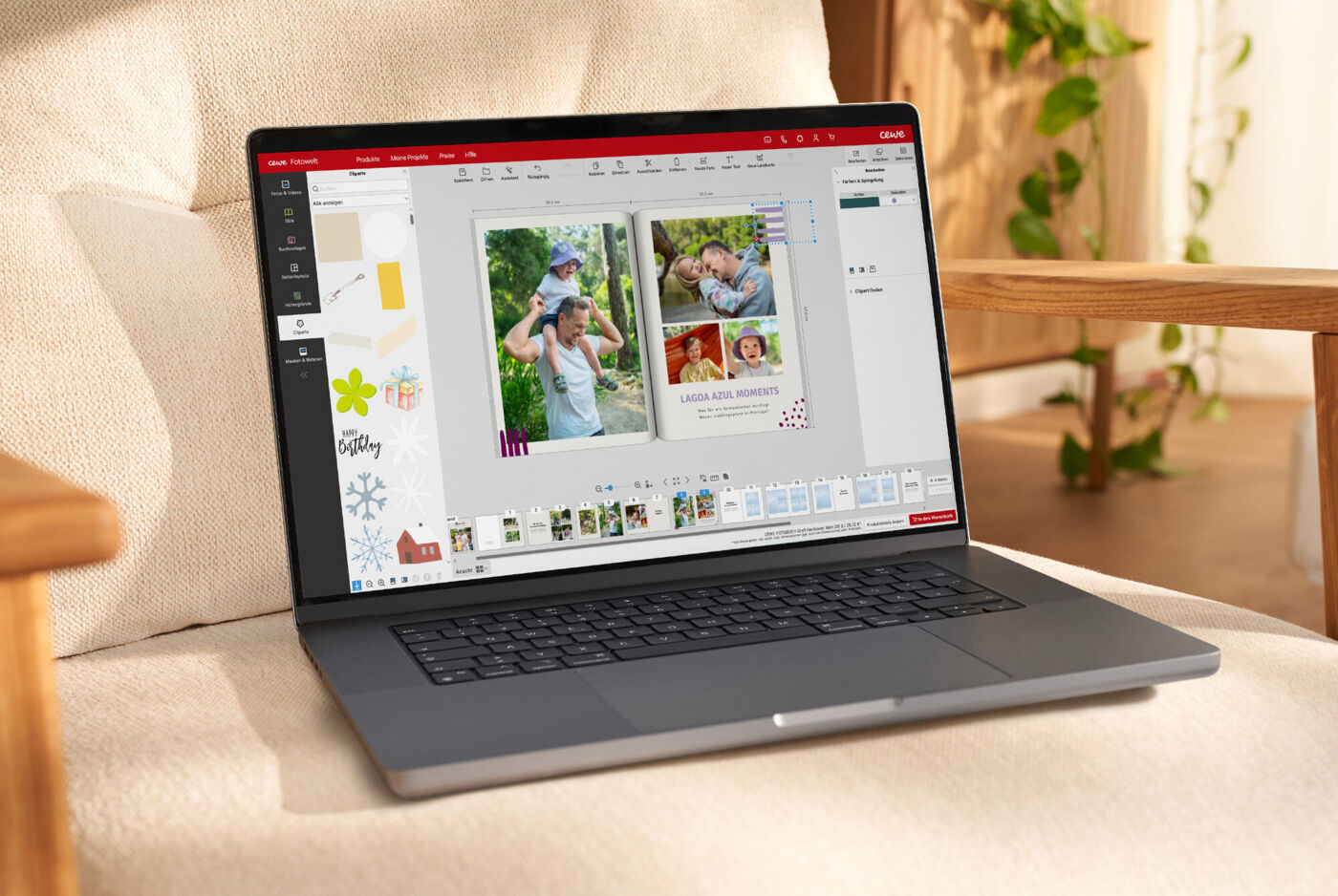 Bild eines Laptops, mit dem gerade ein CEWE FOTOBUCH gestaltet wird