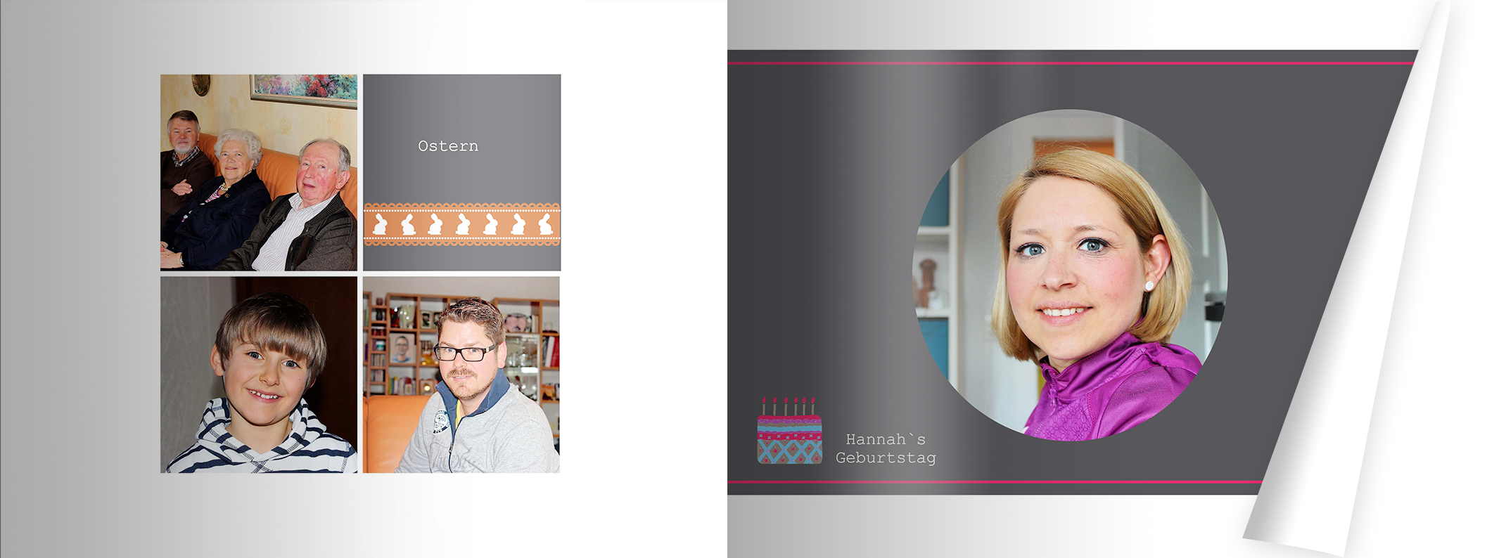 Seiten im Fotobuch, die farblich ähnlich gestaltet wurden. Sie haben das Fußballcamp von Sohn Jacob zum Thema.