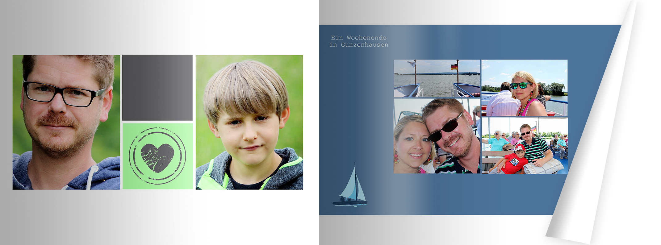 Seiten im Fotobuch, die ein Ereignis aus dem Jahrbuch der Familie Fischer zeigen.