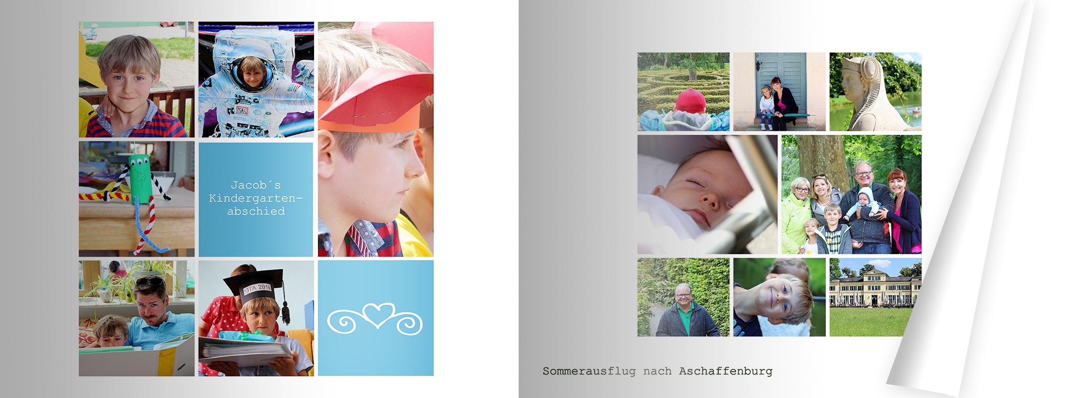 Seiten im Fotobuch, die Familie Fischer im Urlaub an der Ostsee zeigen. Die Rahmen der Fotos sind blau gefärbt.