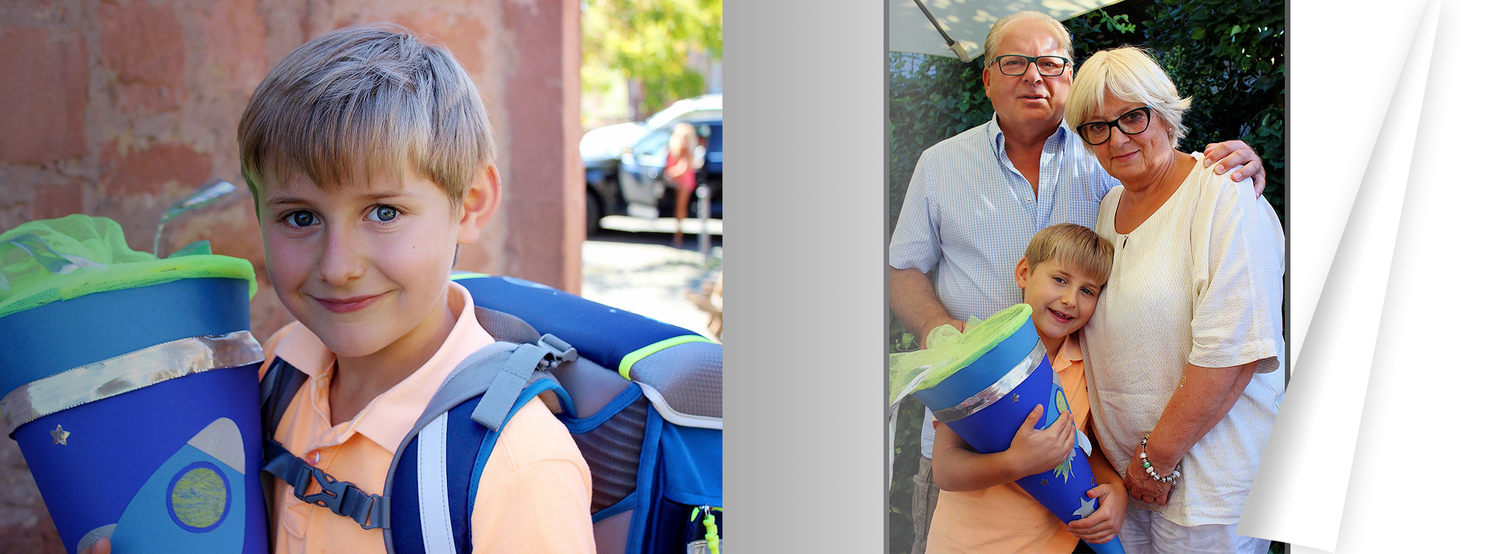 Eine Doppelseite im Fotobuch zum Schulanfang von Jacob Fischer. Hier hat Hannah Fischer Schultüten-Cliparts eingebunden.