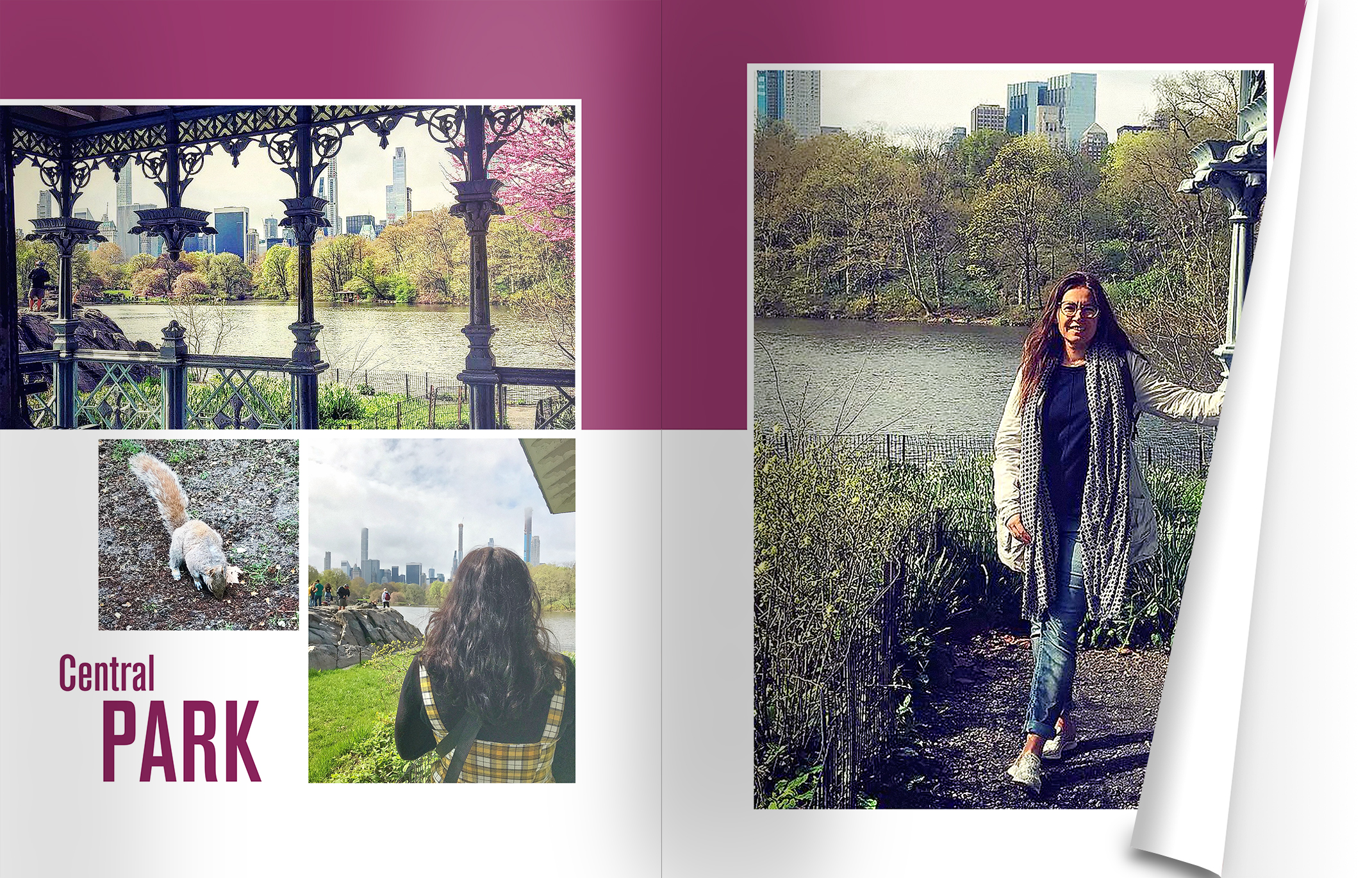 Seiten im Fotobuch, die den ersten Reisetag zeigen. Die Hintergrundfarbe ist rot