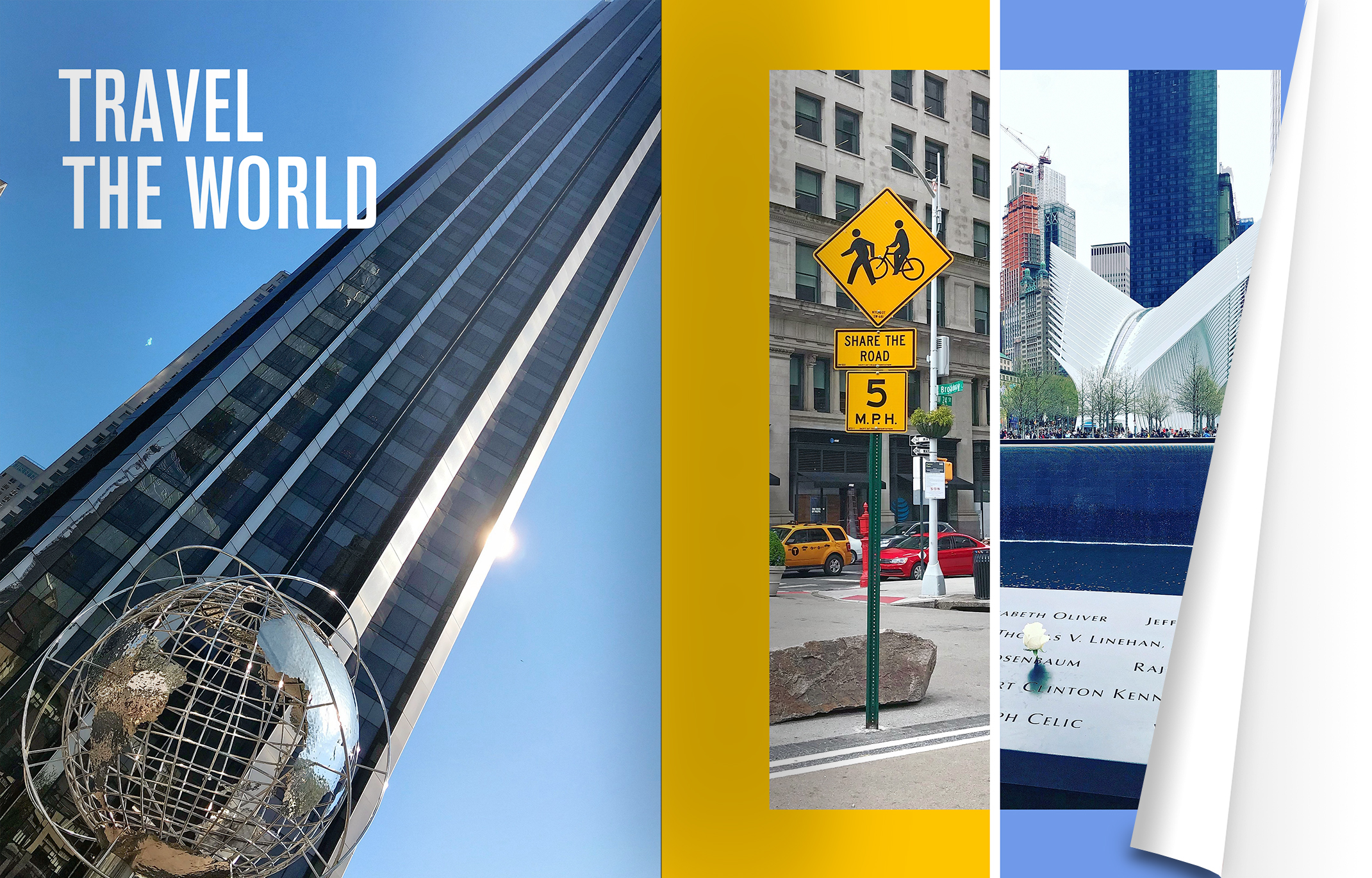 Eine Doppelseite im Fotobuch, die Wolkenkratzer im Hochformat zeigt.