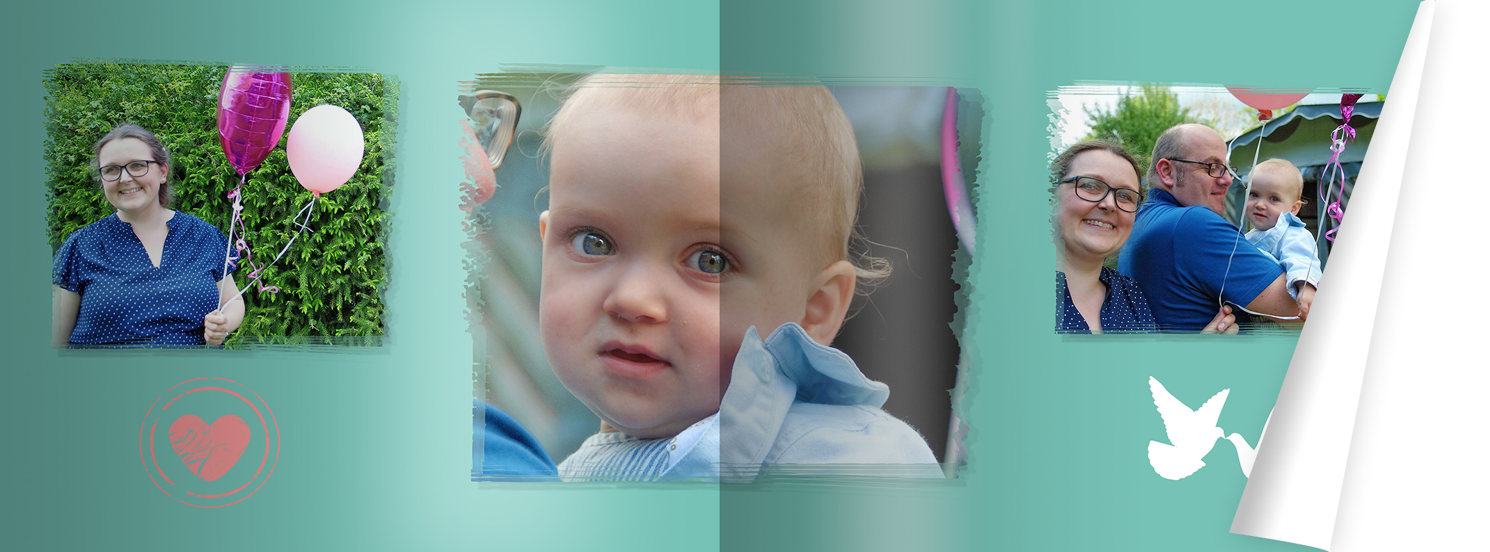 Tina Kneitz hat auf einer der Doppelseiten im CEWE&nbsp;FOTOBUCH Cliparts in Herz- und Taubenform eingesetzt.
