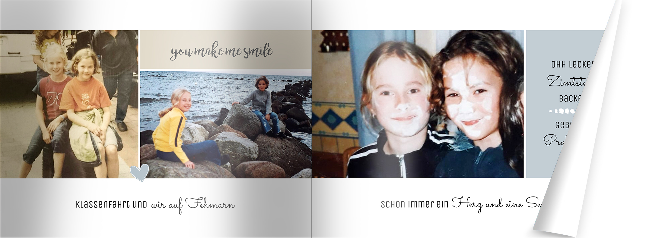 Doppelseite im Fotobuch, die Kinderfotos von Mareike und Carina enthält.