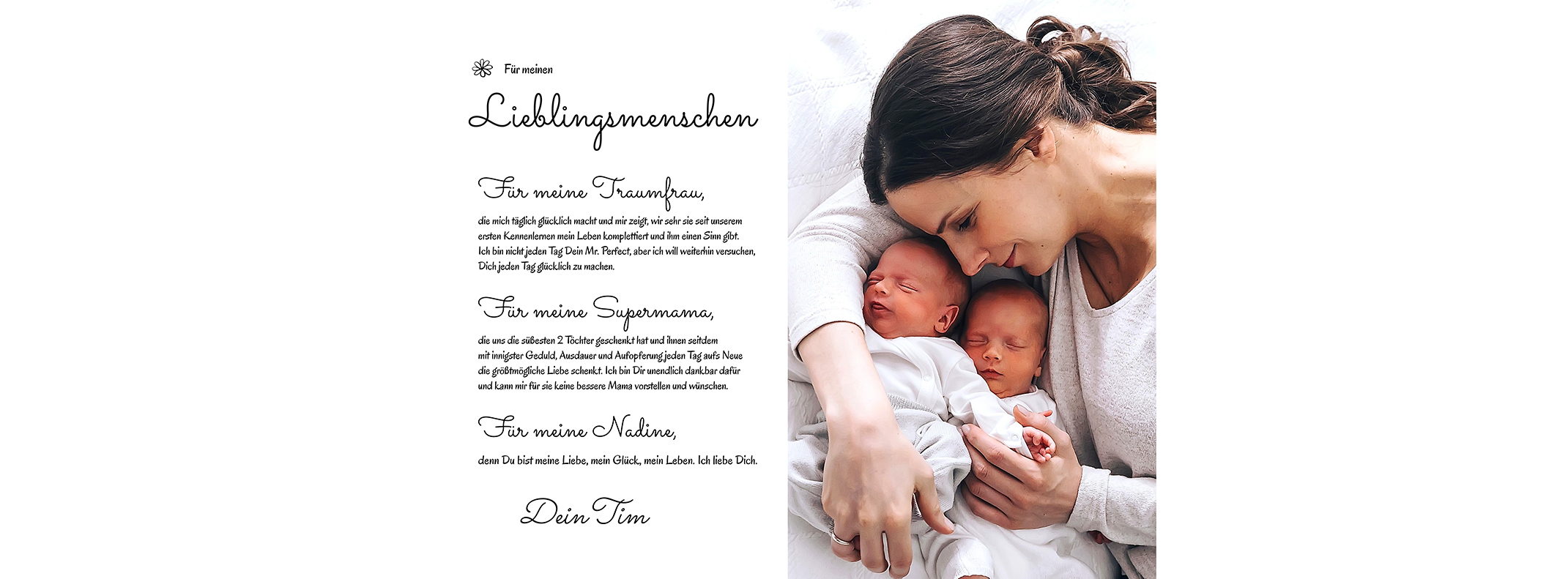 Seite im Fotobuch, die Nadine mit den Zwillingen im Arm zeigt. Das Foto ist mit einer Widmung in handschriftlicher Schriftart versehen.