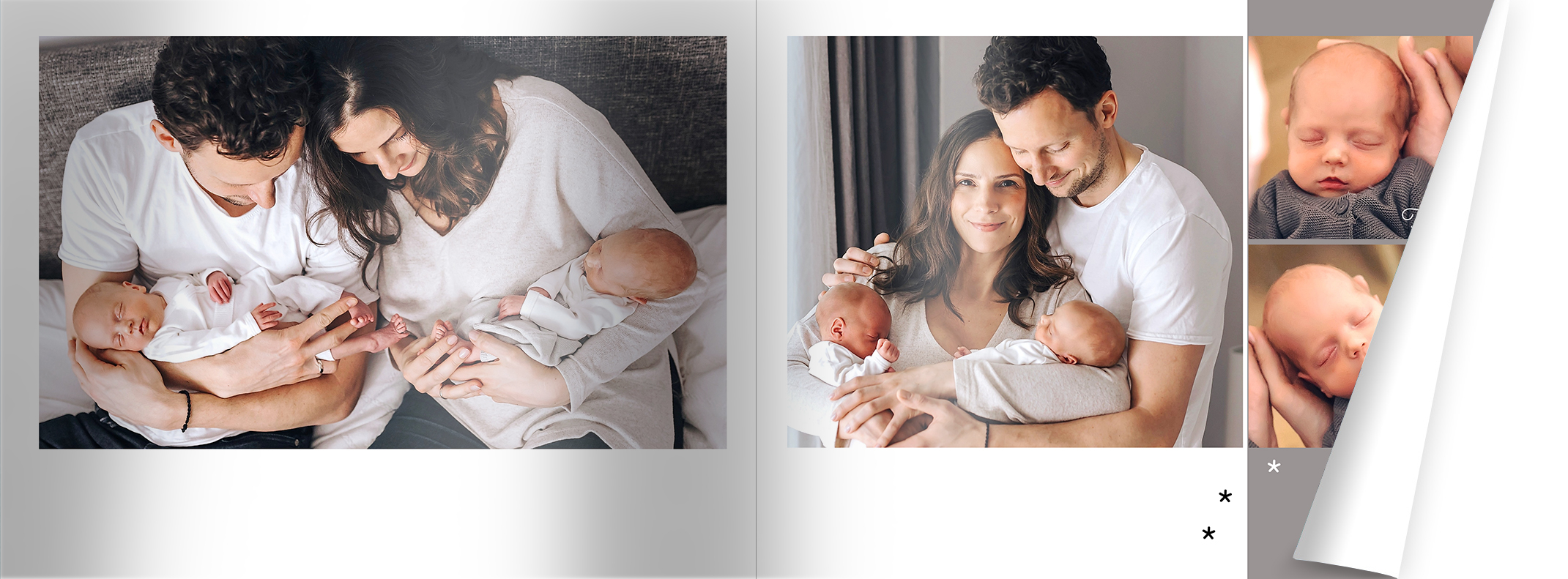 Doppelseite im Fotobuch, die Nadine, Tim und die Zwillinge zeigt.