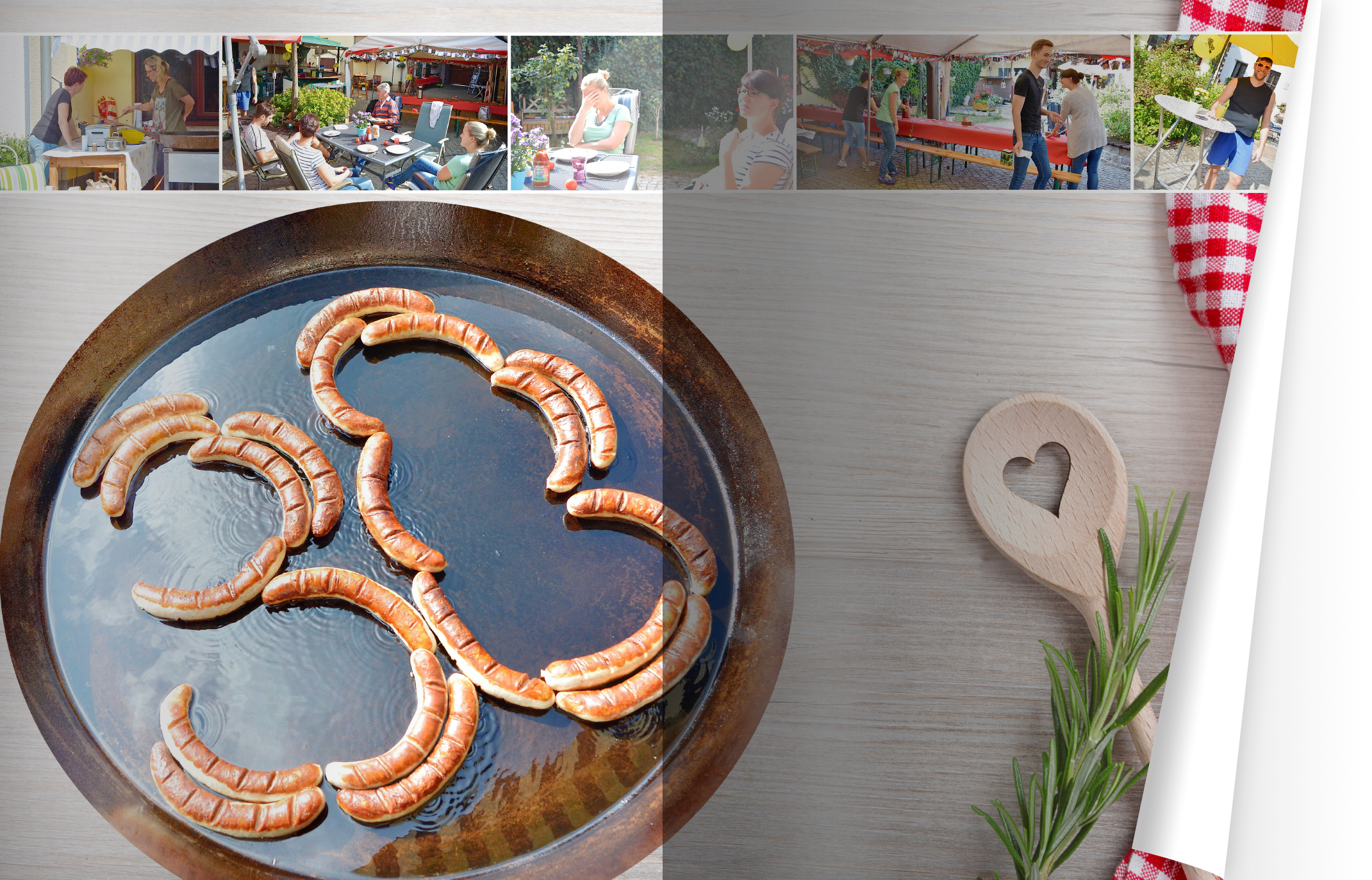 Seiten aus dem Fotobuch zum 30. Geburtstag von Martin Wernicke. Die linke Seite besteht aus einem Hochformatfoto und zeigt aufgehängte Fotos der Familie. Rechts sind Bilder der Gartenparty zu sehen.