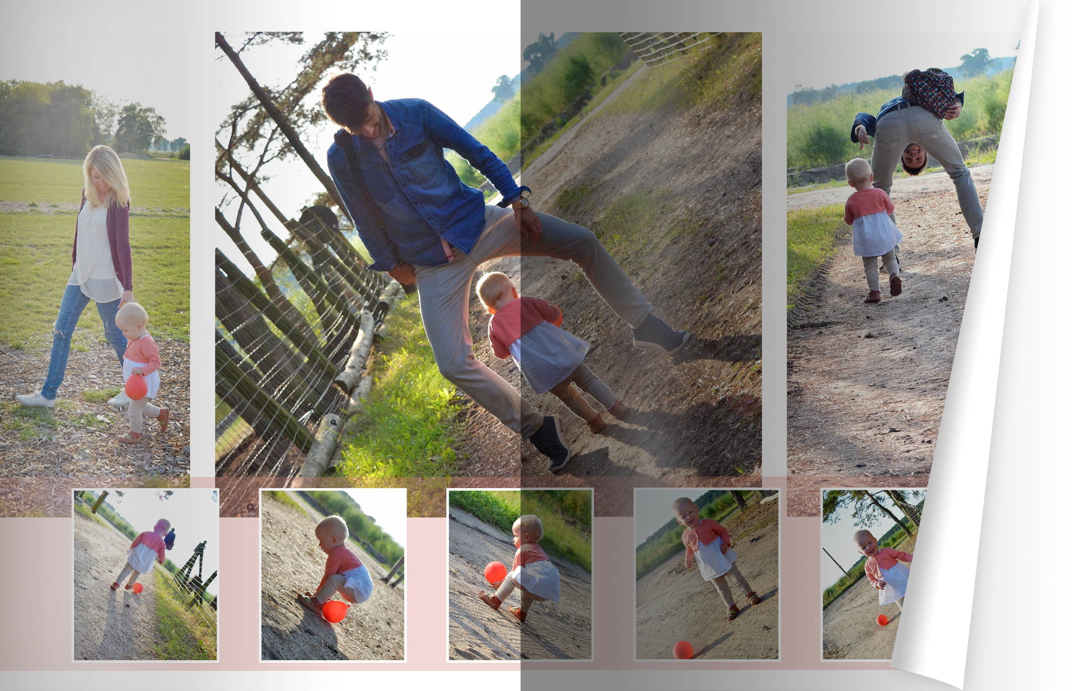 Beide Seiten zeigen Familie Wernicke beim gemeinsamen Ausflug. Unten ist eine Reihe kleiner Fotos eingebunden, die jeweils ein weißer Rahmen umgibt.